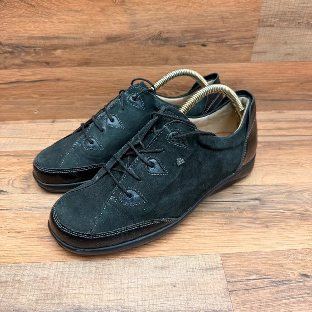 Finn Comfort Shoes M7 W9 Casual Low Top Sneaker Black Leather Lace Up Round Toe